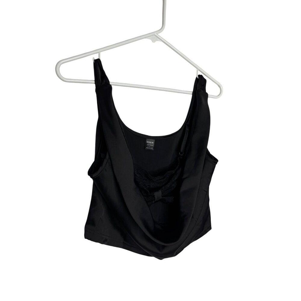 Shein Black Satin Crop Top With Lace Detail Sleeveless Womens Size L